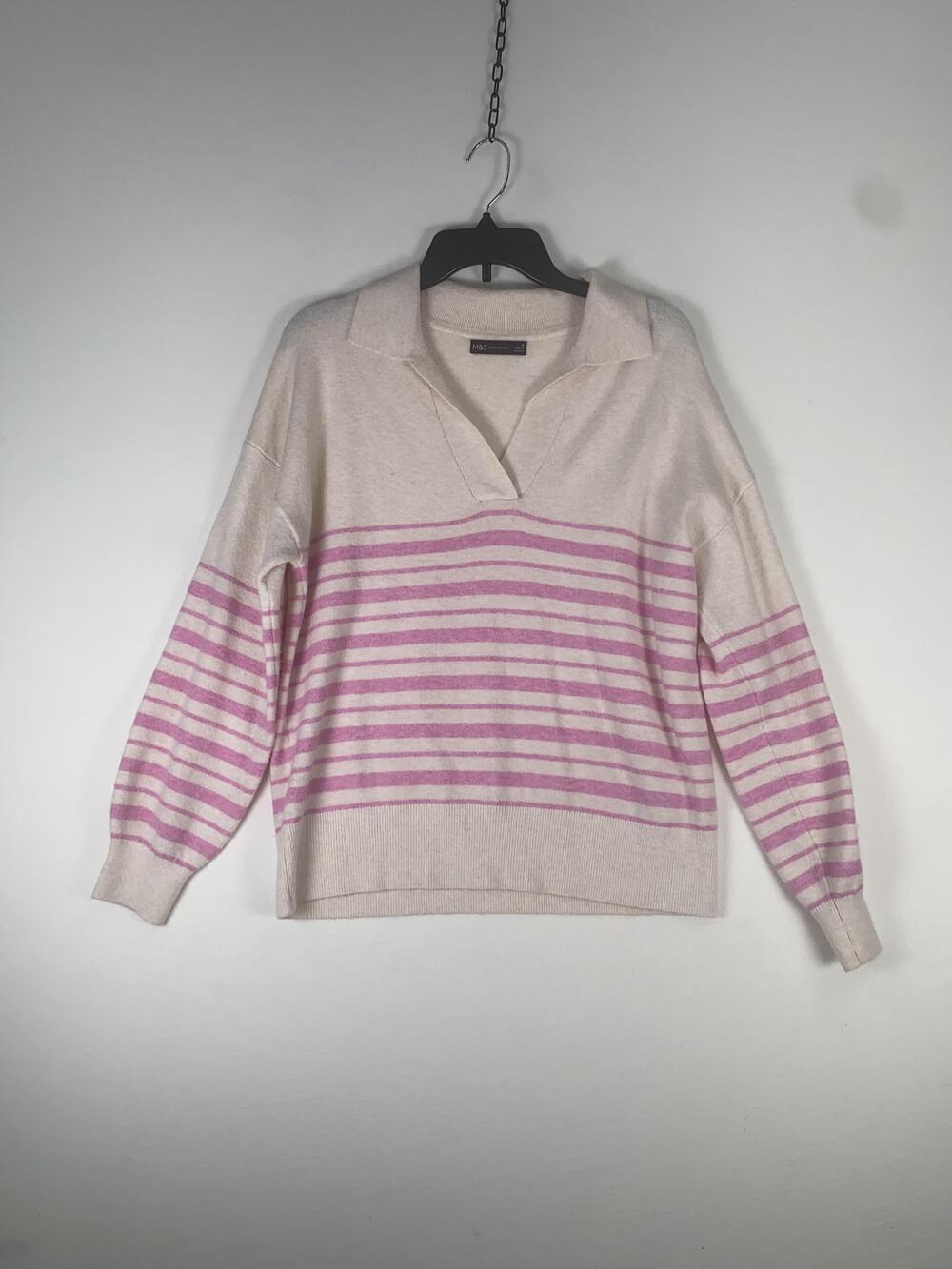 M&S Collection Sweater Womens Medium Beige Pink Stripe Collared Knit Pullover